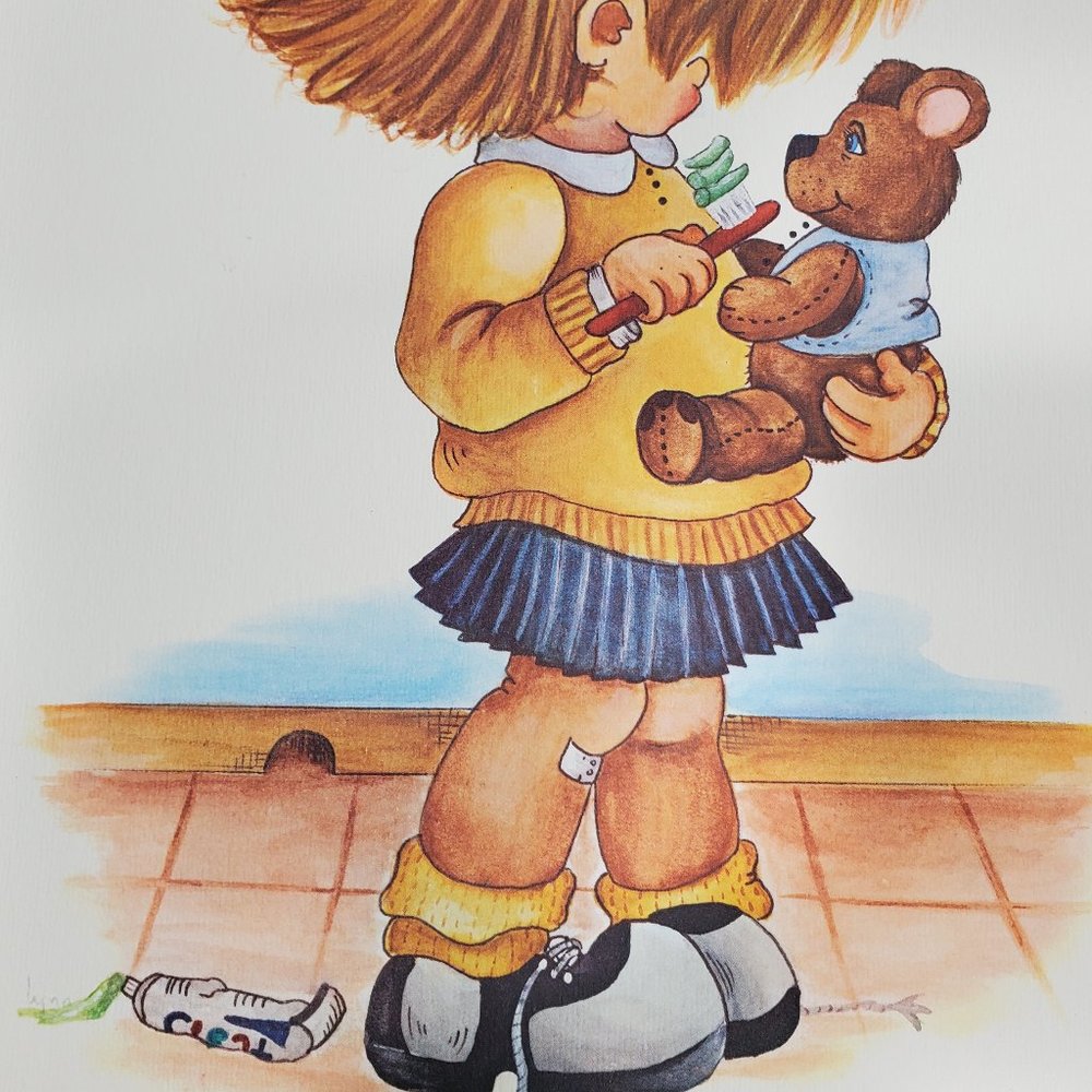 Girl Art Print BRUSH YOUR TEETH Vintage 1970s Watercolor Unframed 11 x 14 inch
